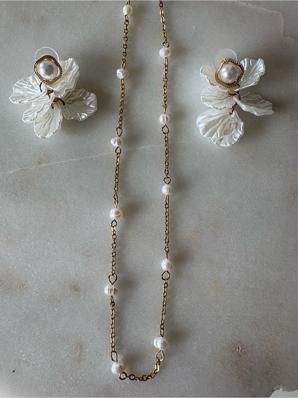 Elle White Pearl & Gold Floral Drop Earrings with Pearl Station Necklace